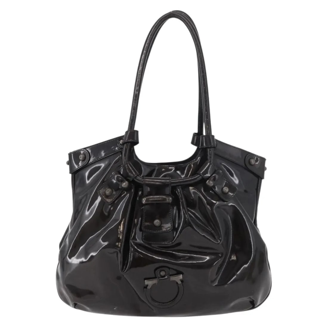 Brown Patent Leather Handbag Salvatore Ferragamo Gancini: Brown Patent Leather Handbag Salvatore Ferragamo Gancini Salvatore Ferragamo Gancini patent leather bag in brown. This vintage piece shows honest wear consistent with fair condition, including shape l