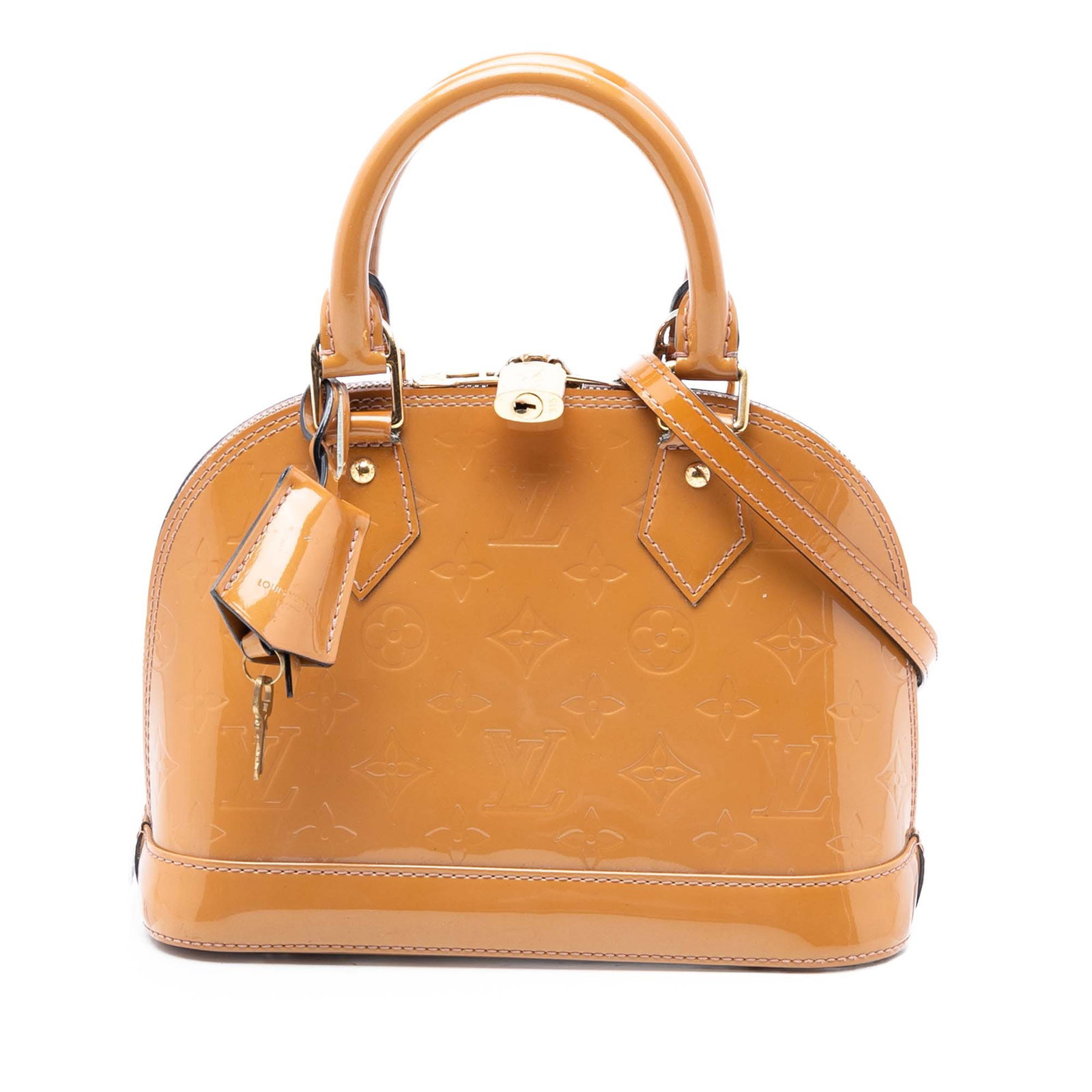 Louis Vuitton Alma BB Vernis Leather Shoulder Bag Brown: Louis Vuitton Alma BB Vernis Leather Shoulder Bag Brown This Louis Vuitton Monogram Vernis Alma BB features a vernis leather body with rolled leather handles, a detachable flat leather strap, a top zi