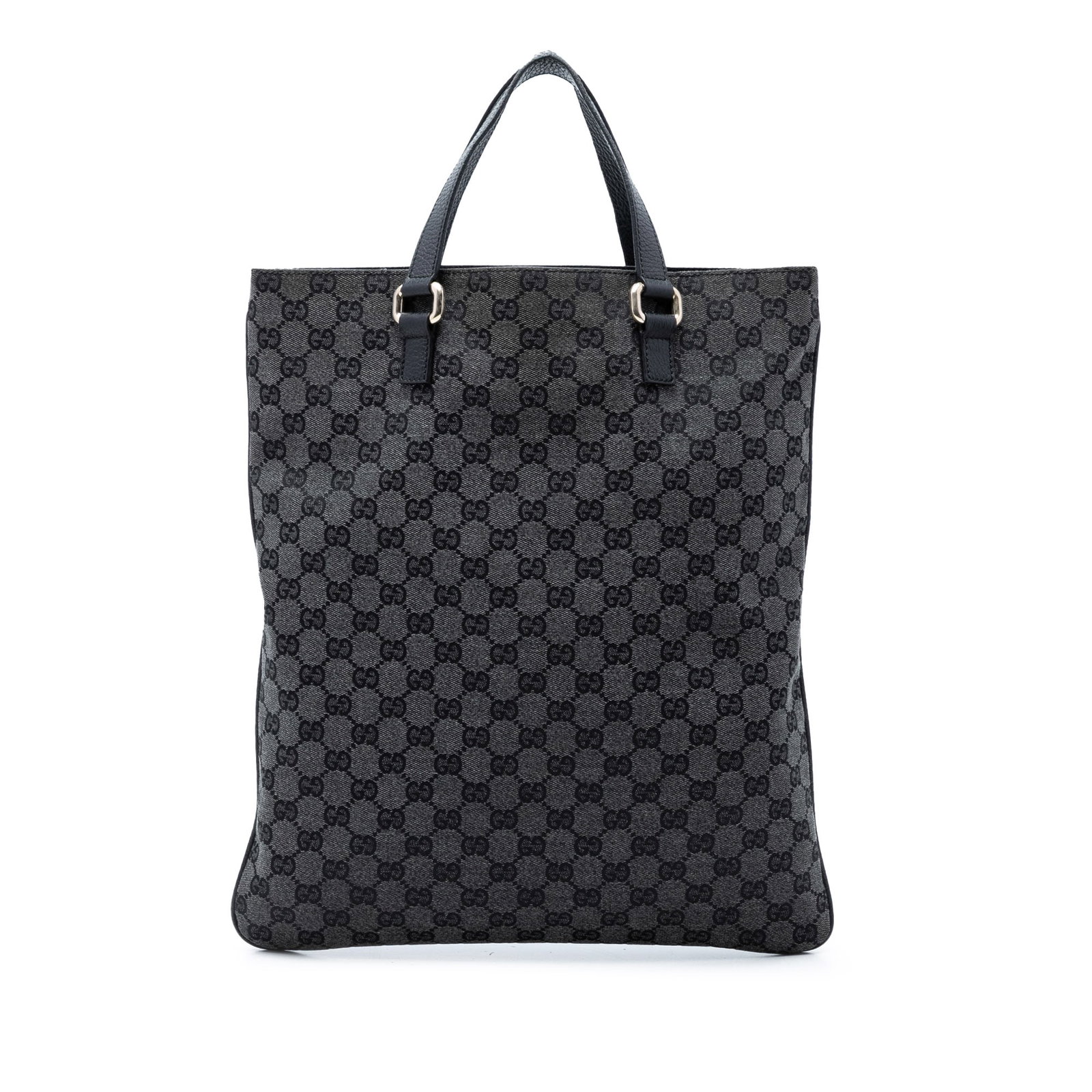 Gucci Gray Canvas Tote Bag GG Model: Gucci Gray Canvas Tote Bag GG Model This Gucci GG Canvas Tote features a canvas body with flat leather straps, an open top with magnetic snap closure, and an interior zip pocket. The bag is gray in co