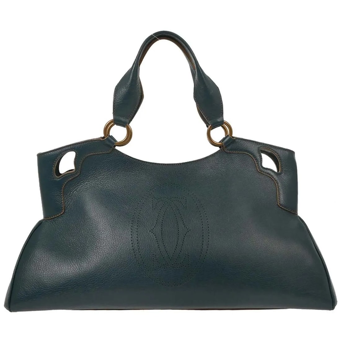 Cartier Marcello green leather handbag 45cm x 27cm x 14cm: Cartier Marcello green leather handbag 45cm x 27cm x 14cm The Cartier Marcello handbag is crafted from green leather and designed for women. This pre-owned handbag is in very good condition, with mini