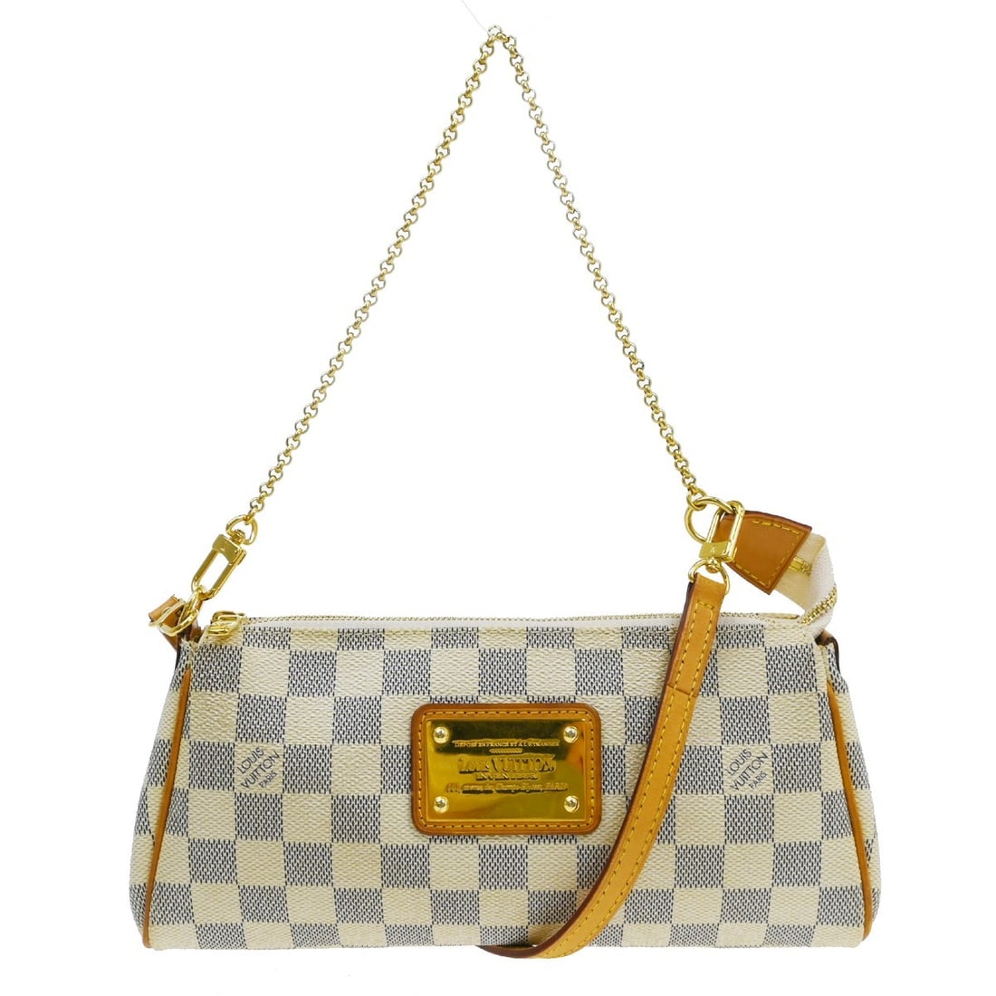 Louis Vuitton Eva Damier Azur 2 Way Chain Shoulder Bag N55214: Louis Vuitton Eva Damier Azur 2 Way Chain Shoulder Bag N55214 Louis Vuitton Eva 2-way chain handbag in Damier Azur canvas with leather trim and gold-color hardware. This small women's shoulder bag fea