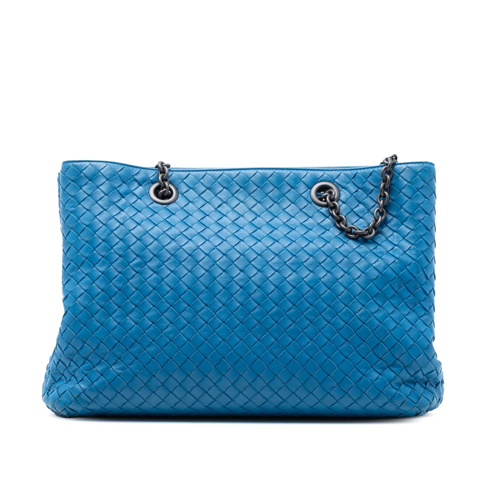 Bottega Veneta Intrecciato Nappa Leather Medium Tote with Double Chain Straps: Bottega Veneta Intrecciato Nappa Leather Medium Tote with Double Chain Straps This Bottega Veneta Medium Nappa Intrecciato Double Chain Tote features a woven nappa leather body in blue, chain link str