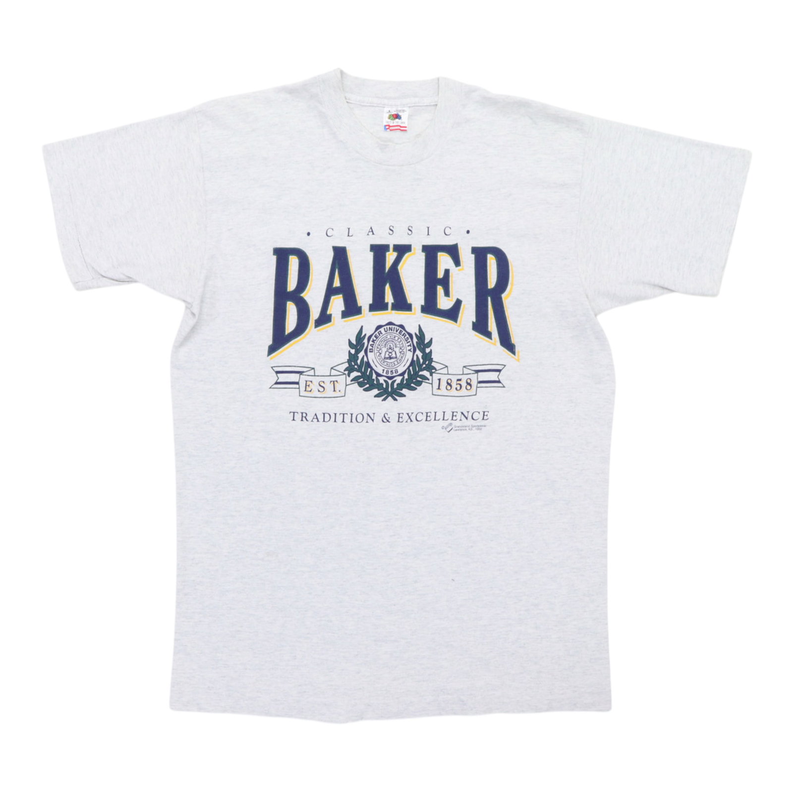 Vintage 1992 Gray Baker University Cotton T Shirt Size Large: Vintage 1992 Gray Baker University Cotton T Shirt Size Large This is an original vintage 1992 Baker University shirt, made from 100% cotton. The shirt features a gray color and does not have any graph