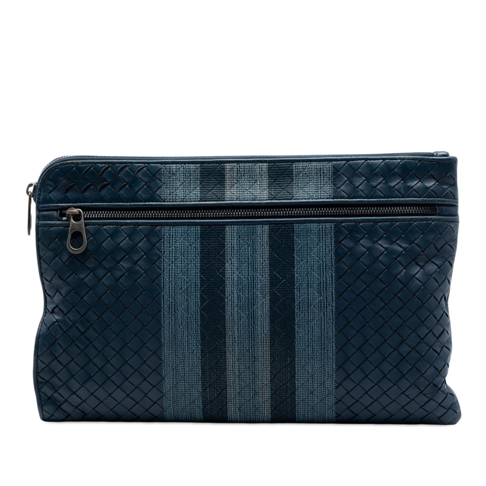 Blue Leather Zip Clutch Bottega Veneta Nappa Intrecciato: Blue Leather Zip Clutch Bottega Veneta Nappa Intrecciato Bottega Veneta Nappa Intrecciato Line Stitch Clutch in blue leather with a woven body, top zip closure, and interior slip pockets. Made in Ital