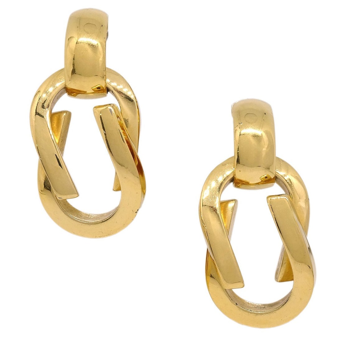 Gucci 1991 gold plated clip-on drop earrings: Gucci 1991 gold plated clip-on drop earrings Gucci dangle clip-on earrings in gold plated metal, dated 1991 and made in Italy. These earrings feature a drop silhouette with visible wear consistent wit