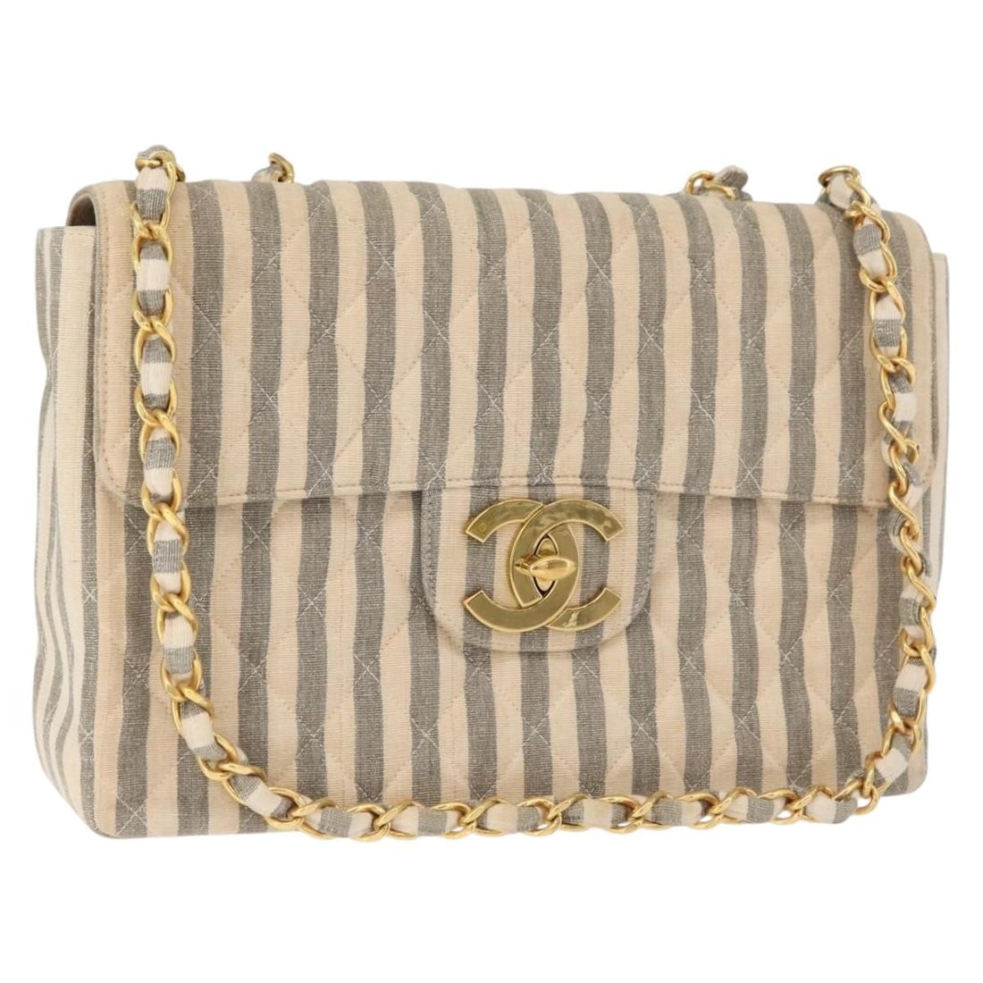 CHANEL Matelasse 30 Gray Canvas Shoulder Bag with CC Chain: CHANEL Matelasse 30 Gray Canvas Shoulder Bag with CC Chain Chanel Matelasse 30 chain shoulder bag in gray canvas with gold-tone CC detailing. Made in France, this women's shoulder bag includes a dust 