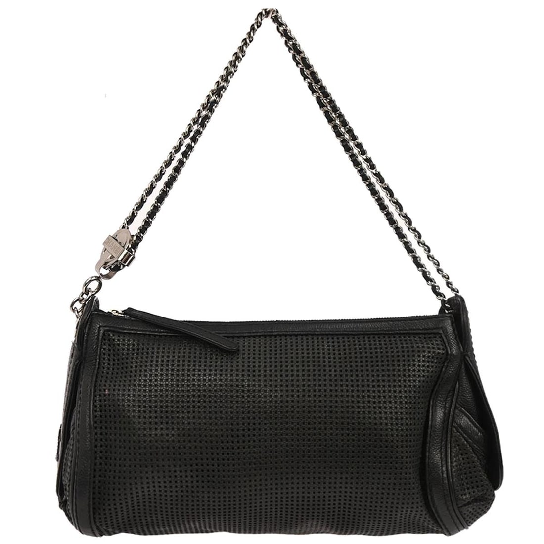 CHANEL Medium Black Calfskin Shoulder Bag with Zip Closure: CHANEL Medium Black Calfskin Shoulder Bag with Zip Closure Chanel shoulder bag in black perforated calfskin with a zip closure and crossbody strap. Made in Italy, this medium bag features two exterior