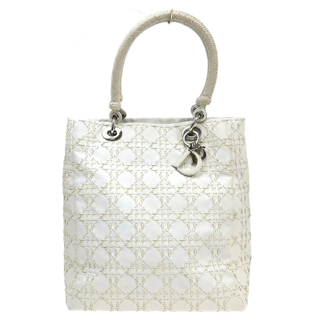 Dior Lady Dior White Lambskin Tote with Cannage Quilting: Dior Lady Dior White Lambskin Tote with Cannage Quilting Christian Dior Lady Dior Cannage handbag in white lambskin leather with quilted detailing and double leather handles. This women's tote-style b