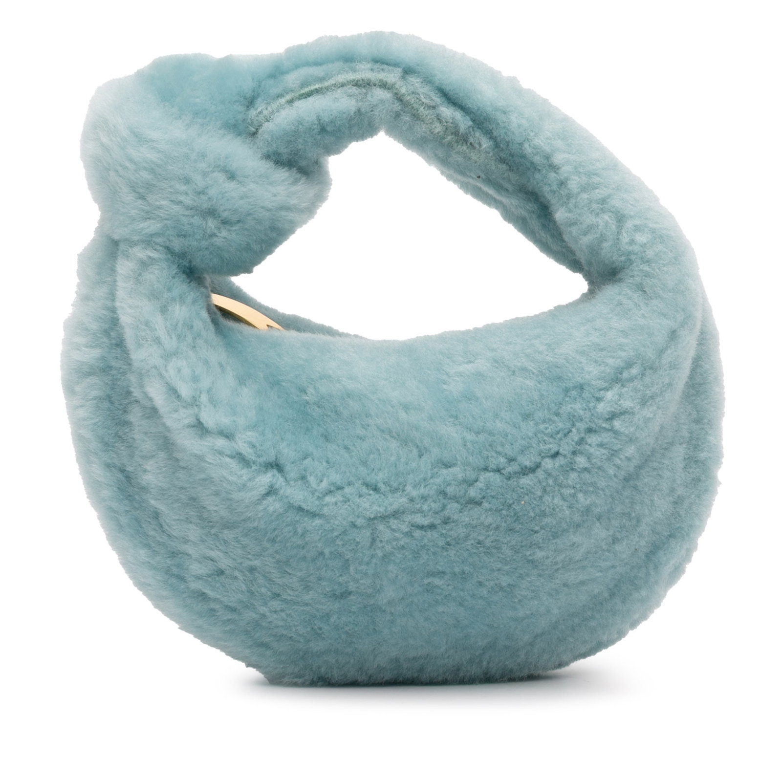 Bottega Veneta Blue Mini Shearling Jodie Bag with Knotted Handle: Bottega Veneta Blue Mini Shearling Jodie Bag with Knotted Handle This Bottega Veneta Mini Shearling Jodie features a soft shearling body in blue, complemented by a distinctive knotted handle and a top