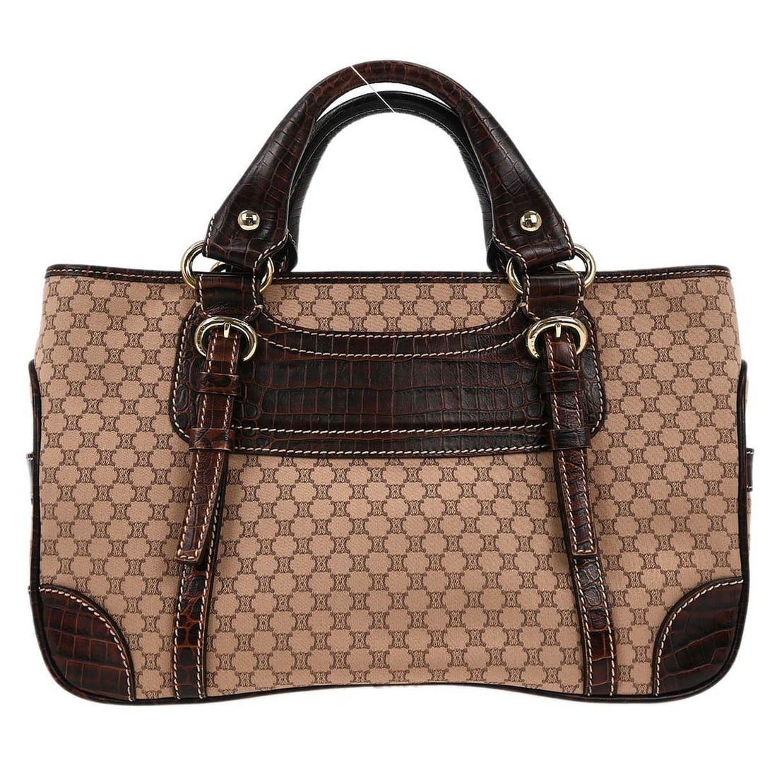 CELINE Macadam Brown Canvas Leather Tote Bag with Double Handles: CELINE Macadam Brown Canvas Leather Tote Bag with Double Handles Celine Macadam Boogie tote handbag in brown canvas and leather with double handles and logo accents. This medium tote features exterior