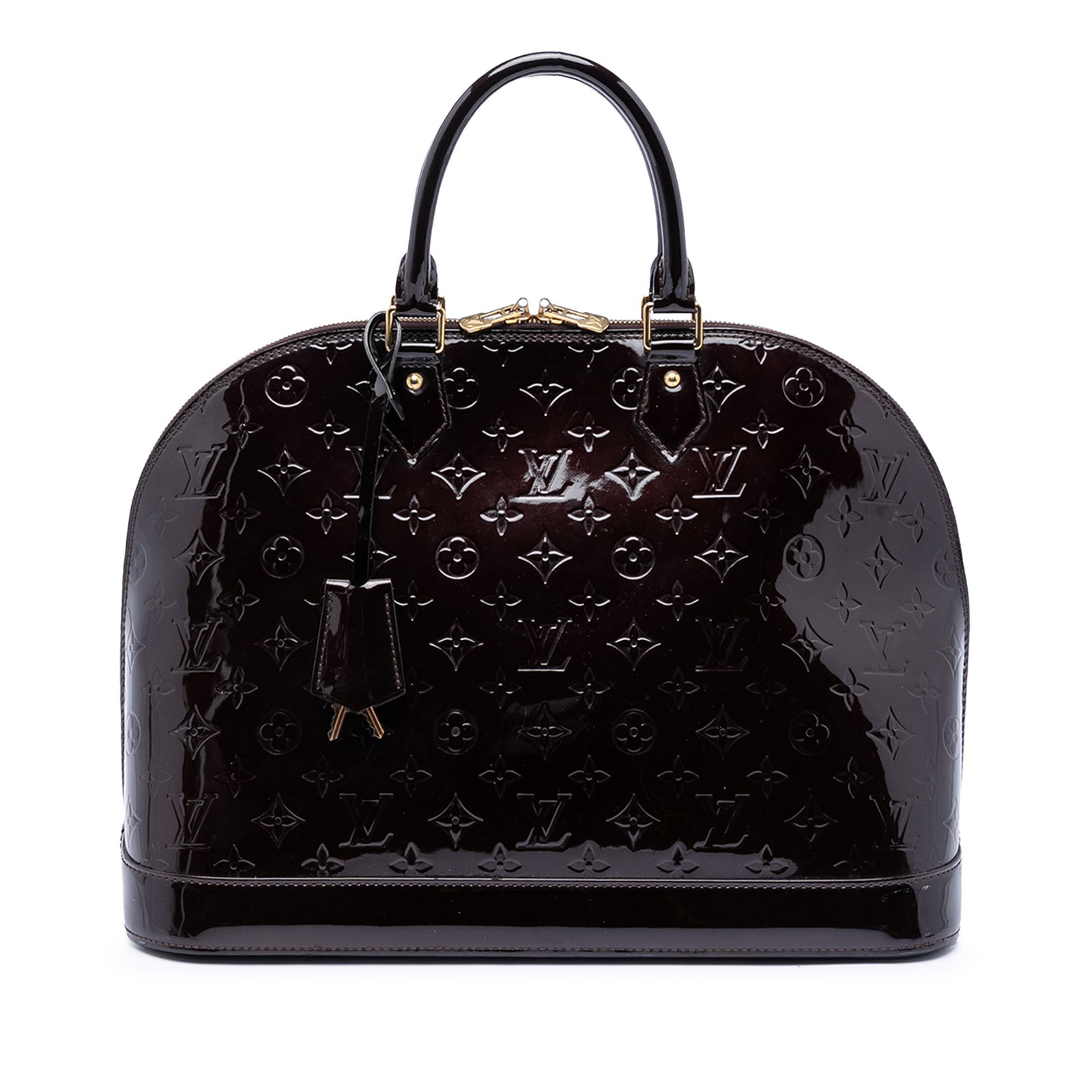 Louis Vuitton Alma GM Purple Vernis Leather Bag: Louis Vuitton Alma GM Purple Vernis Leather Bag This Louis Vuitton Monogram Vernis Alma GM bag features a glossy monogram vernis leather body in purple, complemented by rolled leather handles and a cl