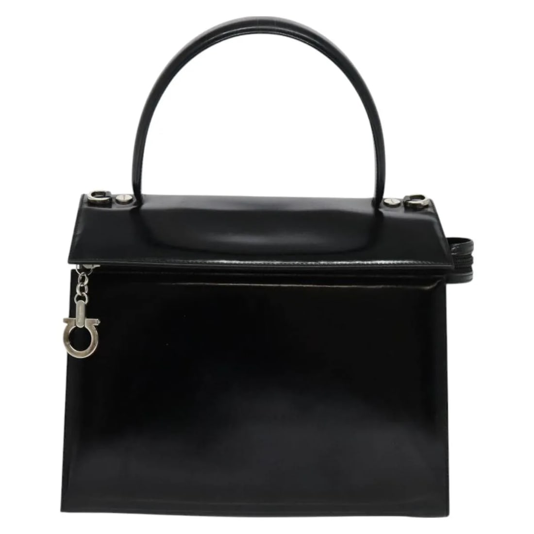 Salvatore Ferragamo Gancini Patent Leather Women's Shoulder Bag: Salvatore Ferragamo Gancini Patent Leather Women's Shoulder Bag This Salvatore Ferragamo Gancini handbag for women is crafted from black patent leather. It features a compact design with dimensions of