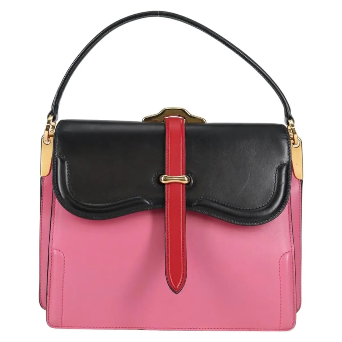 Prada Belle Pink Leather Top Handle Purse: Prada Belle Pink Leather Top Handle Purse The Prada Belle Top Handle Bag is crafted from pink leather and designed for women. This pre-owned handbag is in good condition, featuring minimal signs of us