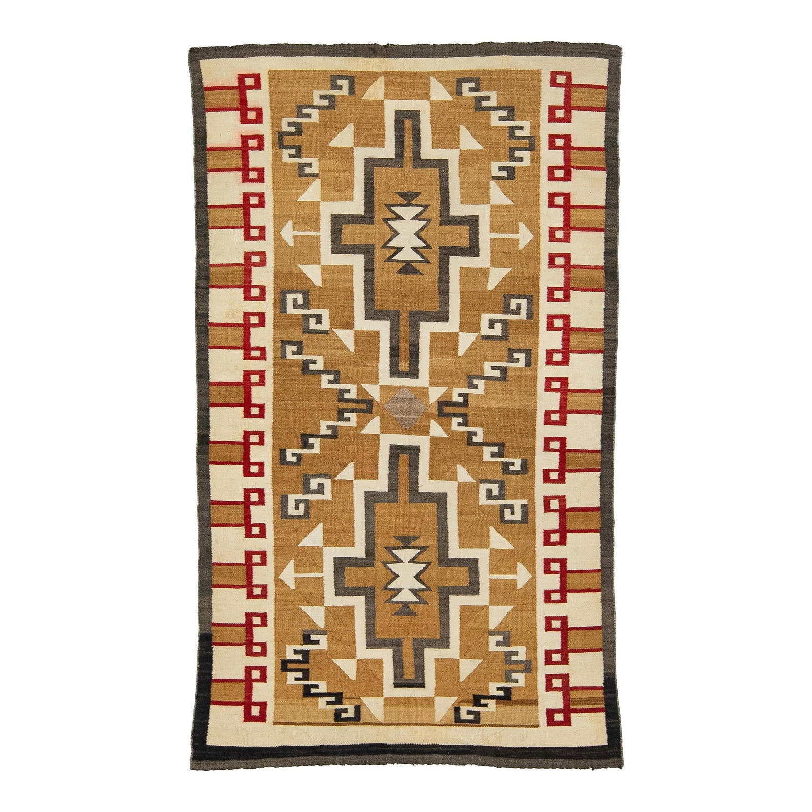 Antique Navajo Tribal Wool Rug 3'10 x 6'8 Goldenrod Design: Antique Navajo Tribal Wool Rug 3'10 x 6'8 Goldenrod Design This Antique Navajo Native American Indian tribal rug features a stunning intricate design in warm brown, beige, and red tones set against a 
