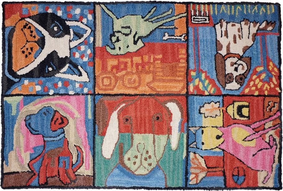 Whimsical Hand-Hooked Sky Blue Puppy Area Rug 96 x 120: Whimsical Hand-Hooked Sky Blue Puppy Area Rug 96 x 120 Enhance your living space with this charming Hand-Hooked Sky Blue Puppy Rug. Designed in a whimsical style, this rug features adorable bloomers p