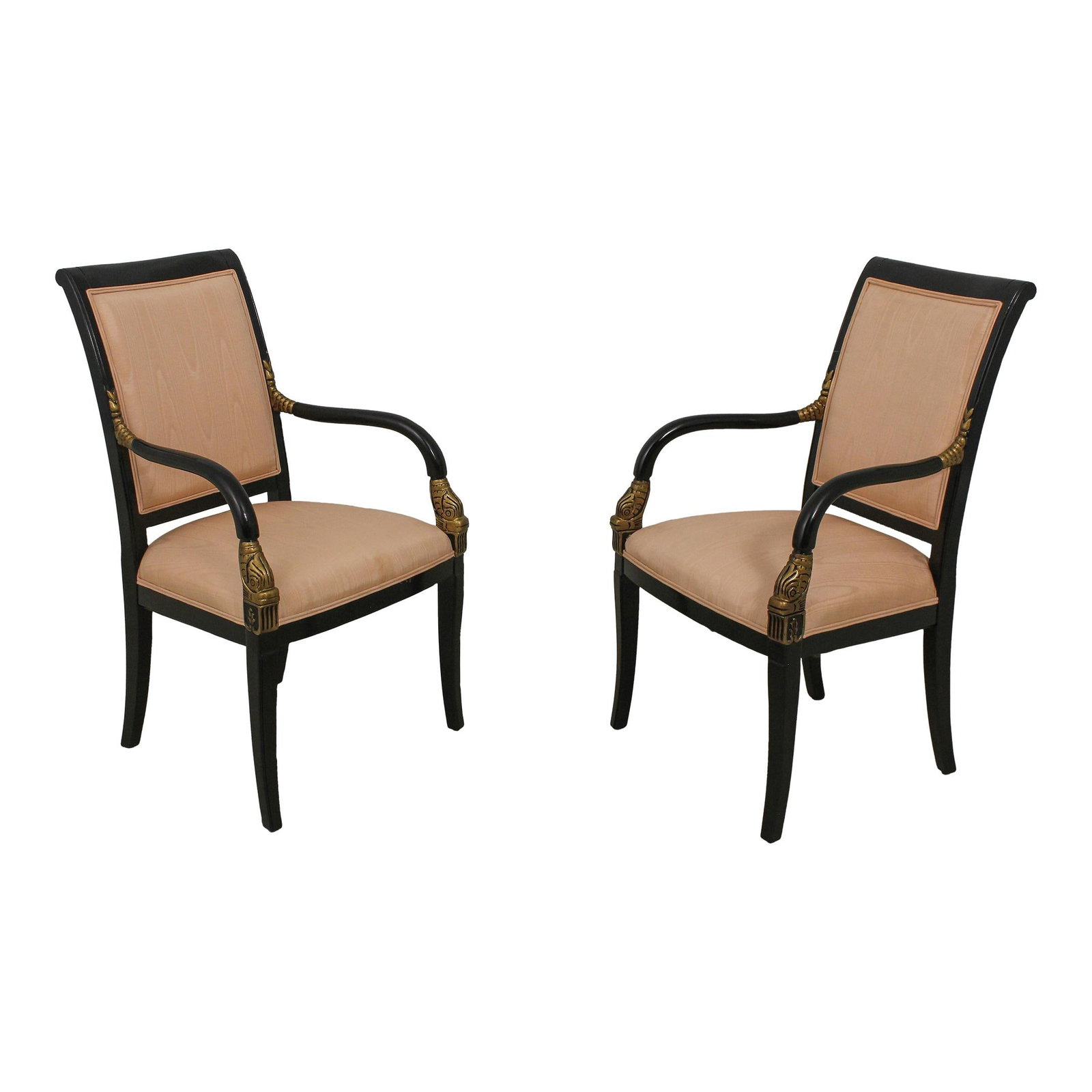 Exquisite Regency Style Black Gold Dolphin Armchairs Pair: Exquisite Regency Style Black Gold Dolphin Armchairs Pair This exquisite pair of Regency Style Black & Gold Dolphin Armchairs showcases exceptional craftsmanship and timeless elegance. Constructed wit