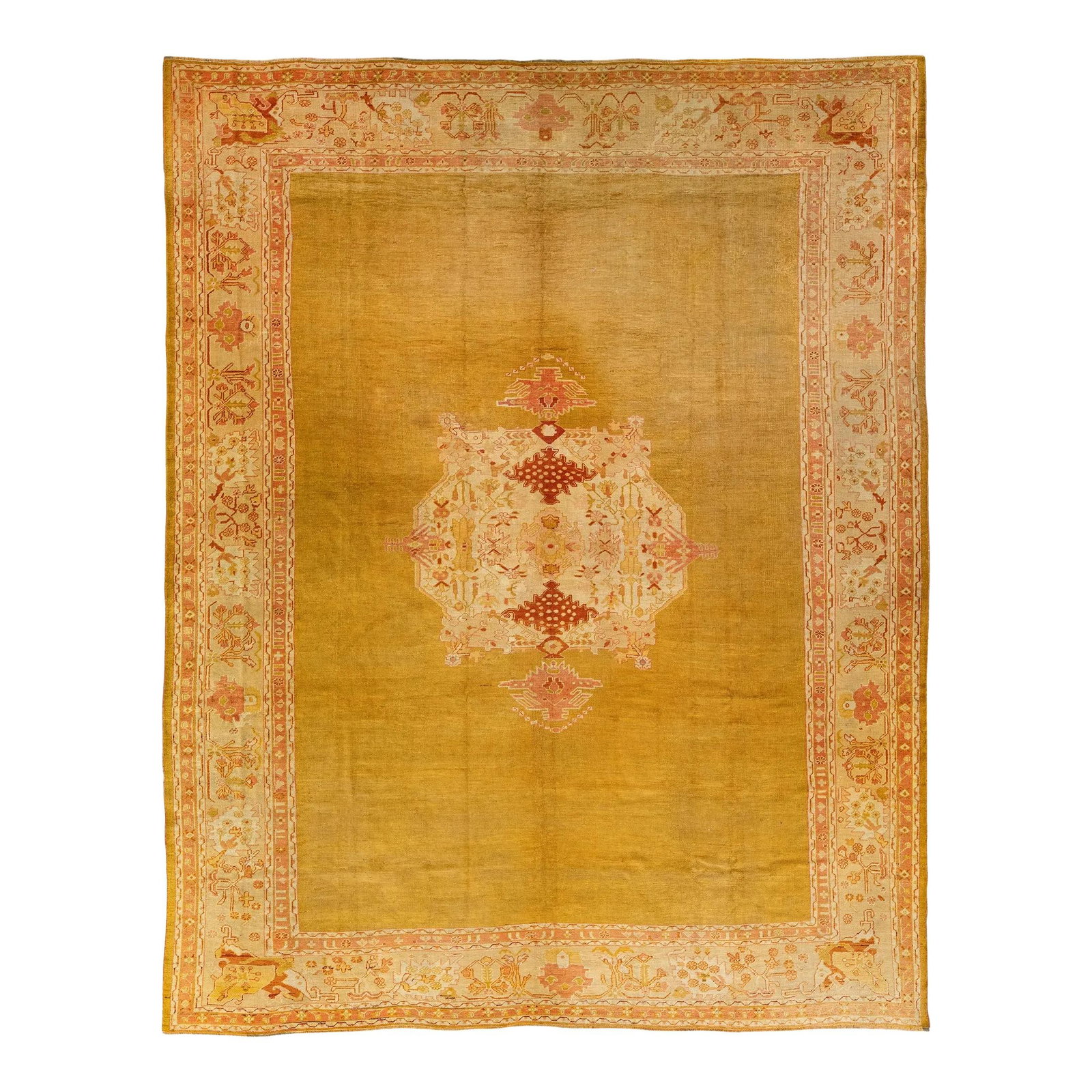 Vintage 12' x 15'3" Turkish Oushak Wool Rug Goldenrod Floral: Vintage 12' x 15'3" Turkish Oushak Wool Rug Goldenrod Floral This exquisite Vintage Turkish Oushak rug showcases exceptional craftsmanship with its hand-knotted wool construction. The striking goldenr