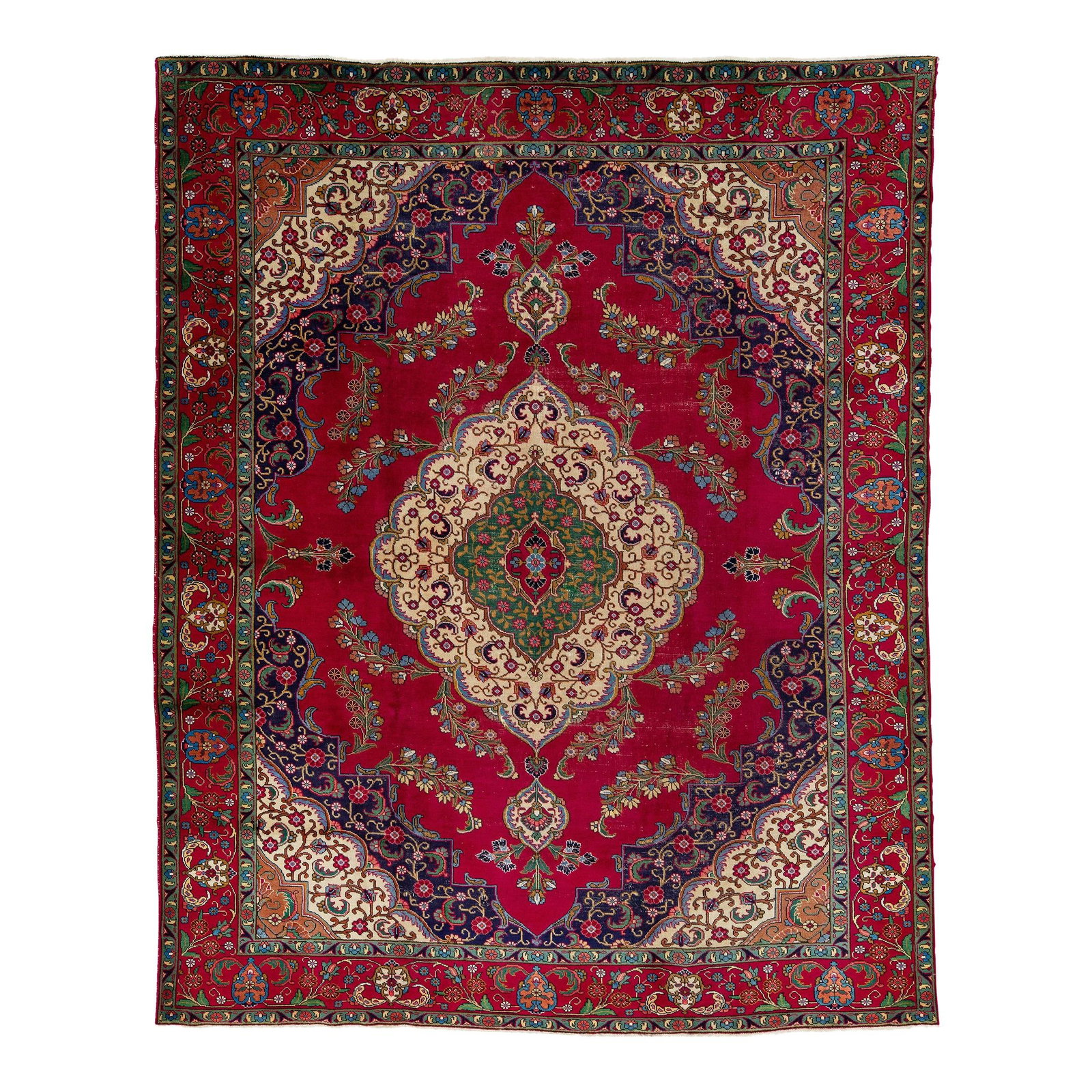 Vintage Tabriz Handmade Wool Rug 8'5 x 10'7 Red Green Accents: Vintage Tabriz Handmade Wool Rug 8'5 x 10'7 Red Green Accents Enhance your living space with this exquisite Vintage Tabriz wool rug, featuring a vibrant red field adorned with a green border and multi