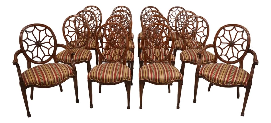 16 Francisco Molon English Style Web Back Dining Chairs: 16 Francisco Molon English Style Web Back Dining Chairs Enhance your dining experience with this exquisite set of 16 Francisco Molon spiral web back dining room chairs, showcasing fine carved details 