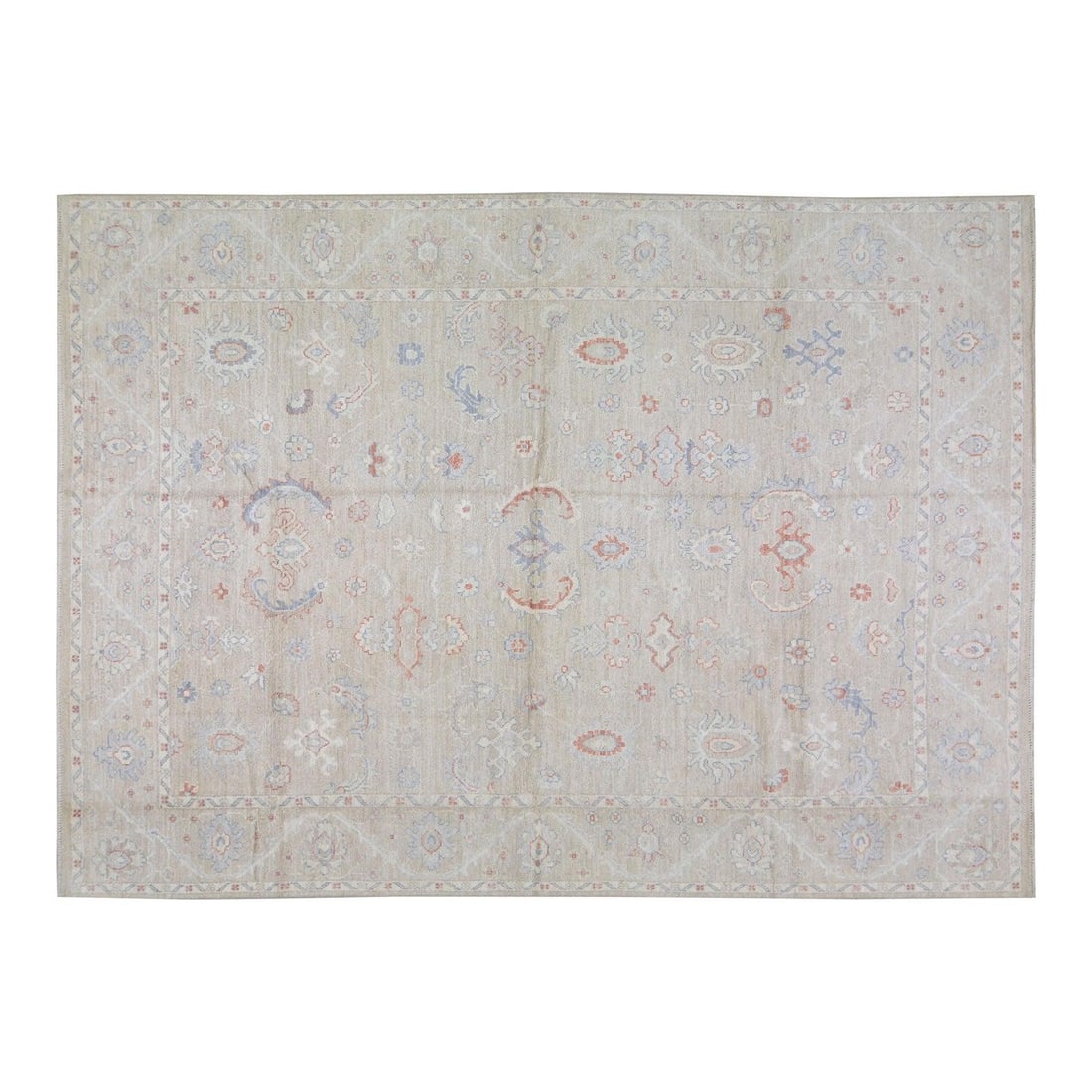 8'10 x 12'2 Hand-Knotted Wool Area Rug Turkish Oushak Design: 8'10 x 12'2 Hand-Knotted Wool Area Rug Turkish Oushak Design This Turkish Oushak hand-knotted wool rug showcases traditional craftsmanship with a modern design sensibility. Carefully crafted using tim
