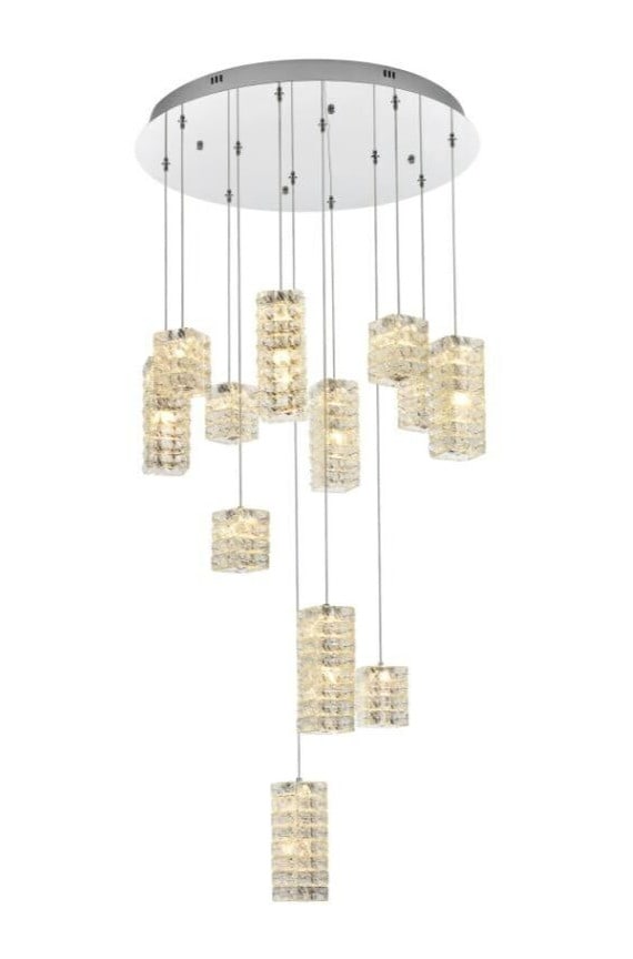 Aston 12-Light Chrome Crystal LED Chandelier: Aston 12-Light Chrome Crystal LED Chandelier This modern crystal chandelier features a 12-light pendant design with a chrome-plated finish, ideal for dining rooms, foyers, or other indoor spaces. The 