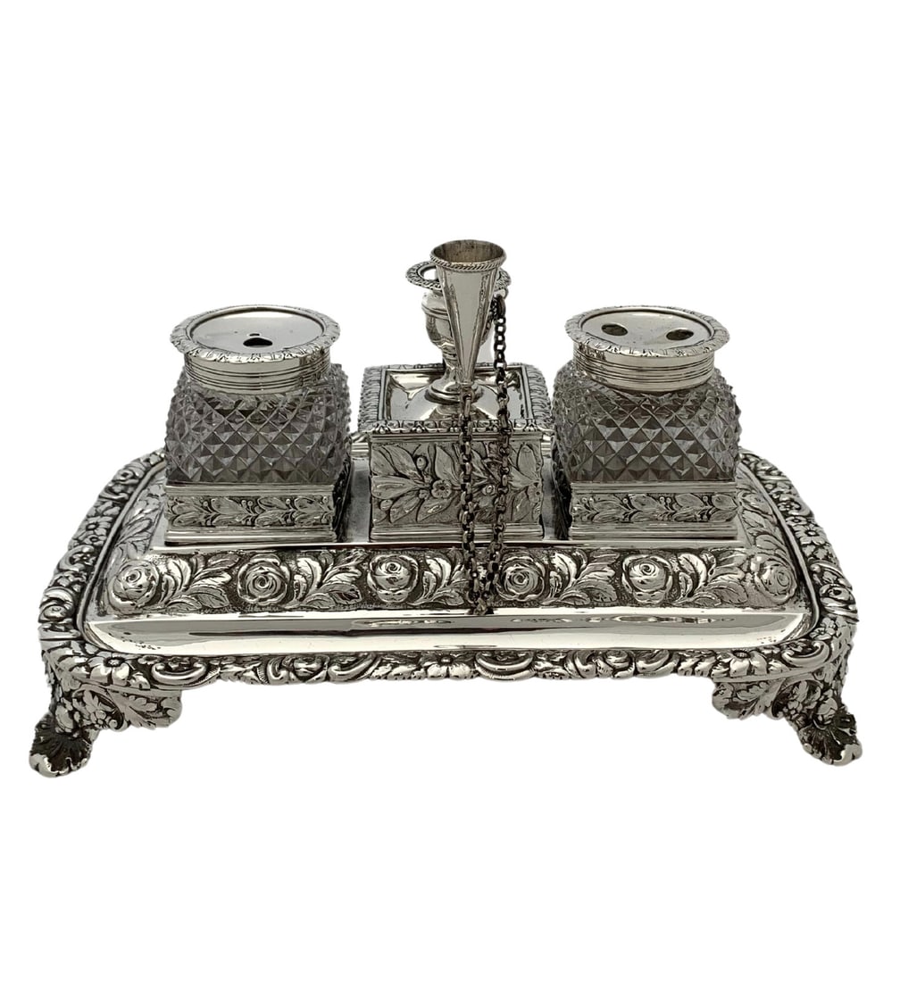 Antique 925 Sterling Silver Floral Chased Ink Well with Crystal Insert (1 of 4)