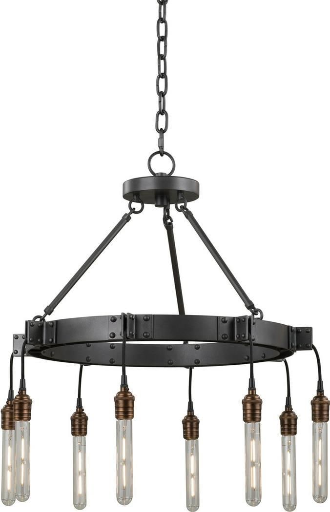 Kalco Urban Stuyvesant 8-Light Bowl Chandelier Matte Gunmetal Brass Accents: Kalco Urban Stuyvesant 8-Light Bowl Chandelier Matte Gunmetal Brass Accents The Urban Stuyvesant Chandelier is a stunning 8-light fixture designed in an industrial style, perfect for enhancing your li