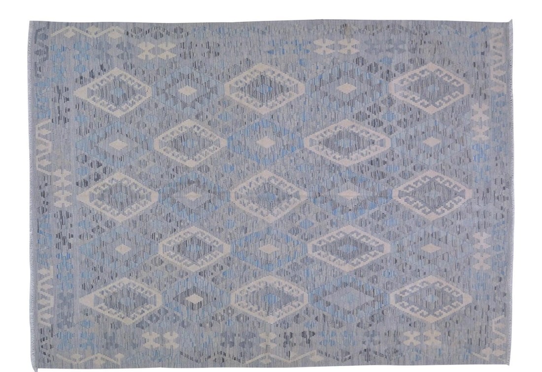 Vintage Maimana Kilim Rug Afghan Tribal Organic Wool 5'10" x 8'2": Vintage Maimana Kilim Rug Afghan Tribal Organic Wool 5'10" x 8'2" This vintage Afghan Maimana kilim features a tribal hand-woven design with natural colors and a geometric pattern. Crafted from organi