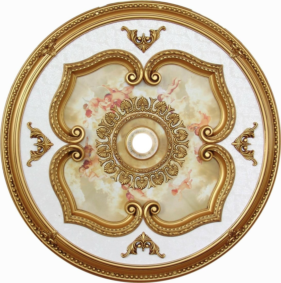 Artistry 43 Inch Round Ceiling Medallion Angels Clouds: Artistry 43 Inch Round Ceiling Medallion Angels Clouds This 43-inch round decorative ceiling medallion features an elegant painted design with angel and cloud motifs, accented by gracefully flowing le