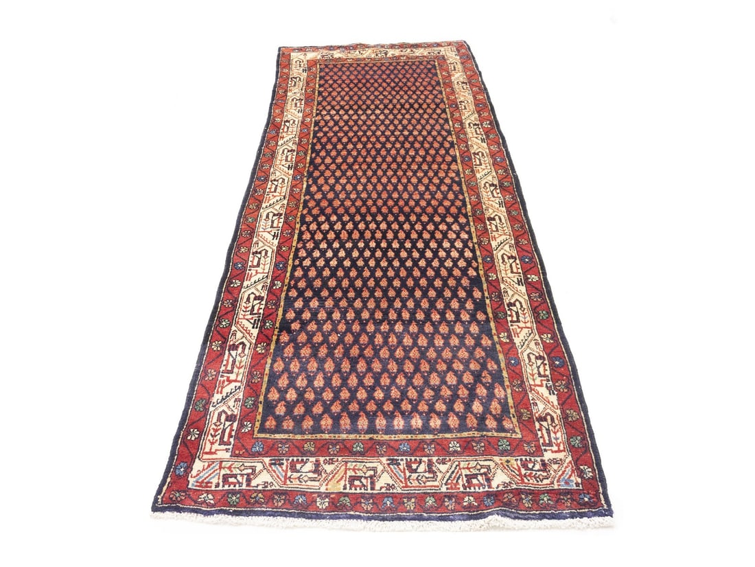 Wool Hand Knotted Tribal Floral Runner 3'6 x 10'0 Vintage Purple Navy: Wool Hand Knotted Tribal Floral Runner 3'6 x 10'0 Vintage Purple Navy This vintage hand-knotted runner rug features a tribal floral pattern in shades of purple, navy, red, coral, light blue, and light
