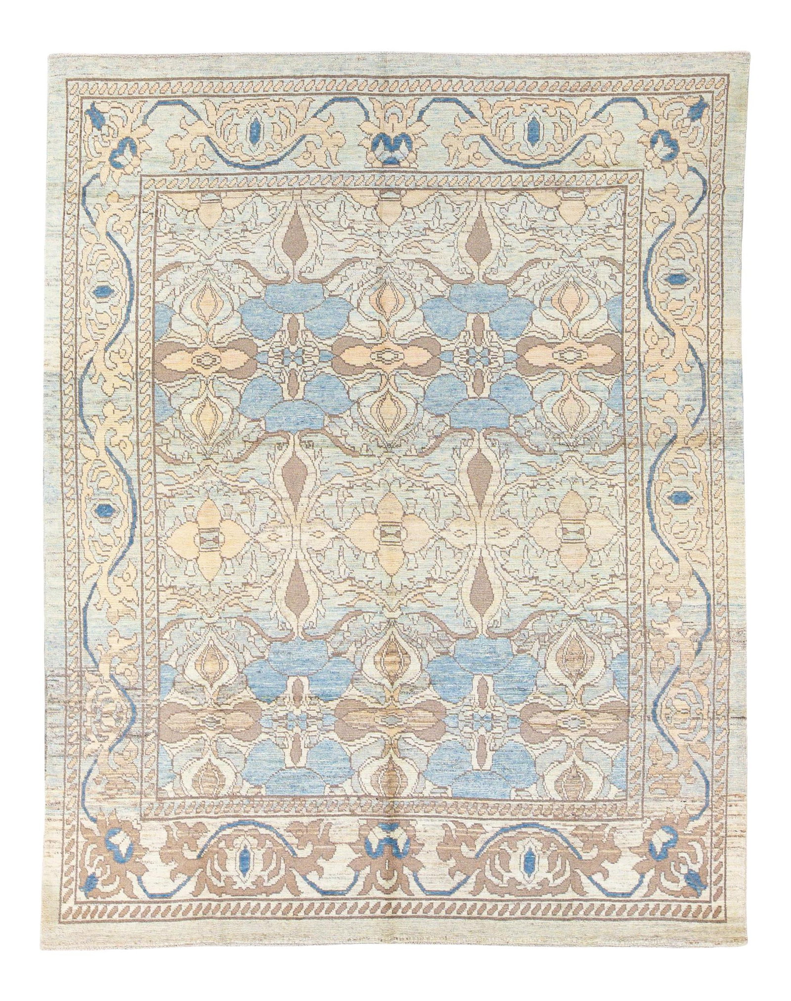 Modern Oushak Beige Blue Hand-Knotted Floral Wool Rug 9'6 x 11'11: Modern Oushak Beige Blue Hand-Knotted Floral Wool Rug 9'6 x 11'11 Experience the beauty of this modern Oushak hand-knotted wool rug, showcasing a stunning beige and blue gradient field adorned with a 
