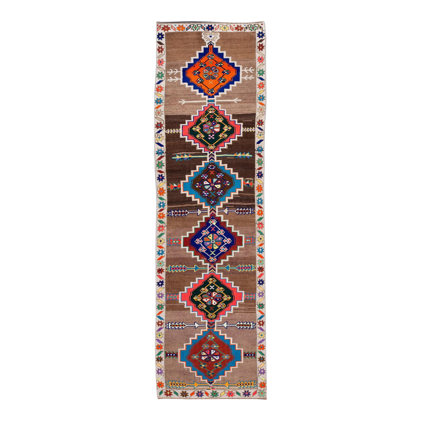 Vintage Turkish Hand Knotted Wool Runner 2'10 x 10'3 Multi Medallion Design: Vintage Turkish Hand Knotted Wool Runner 2'10 x 10'3 Multi Medallion Design This exquisite Vintage Turkish hand-knotted wool runner features a light brown field adorned with a vibrant multi-color meda