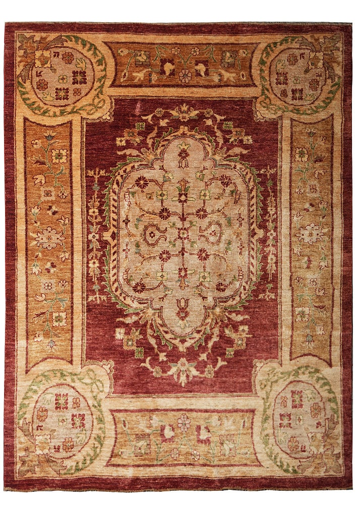 Handmade Ghazni Wool Rug 6.6 x 8 French Pattern Burgundy Green: Handmade Ghazni Wool Rug 6.6 x 8 French Pattern Burgundy Green Free continental US Shipping This handmade area rug features a French-inspired pattern and is crafted from natural Ghazni wool. With a sl