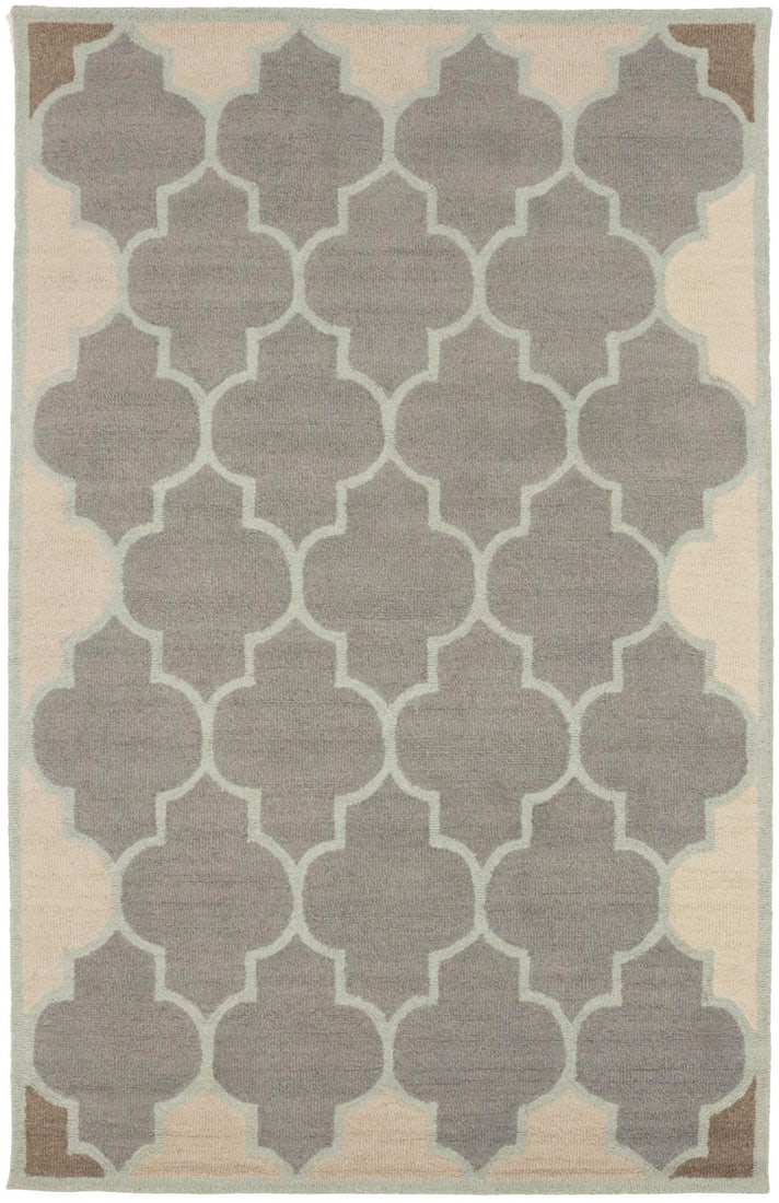 Modern Trellis Hand-Tufted 5x8 Wool Area Rug in Greige and Green: Modern Trellis Hand-Tufted 5x8 Wool Area Rug in Greige and Green Enhance your space with this modern hand-tufted area rug featuring a sophisticated trellis pattern in a calming taupe cream color. This