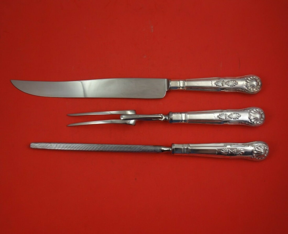 Carrs Kings Sterling Silver 3pc Roast Carving Set Knife Fork Hone: Carrs Kings Sterling Silver 3pc Roast Carving Set Knife Fork Hone Enhance your dining experience with this elegant 3-piece roast carving set, crafted by Carrs in the distinguished Kings pattern. This 