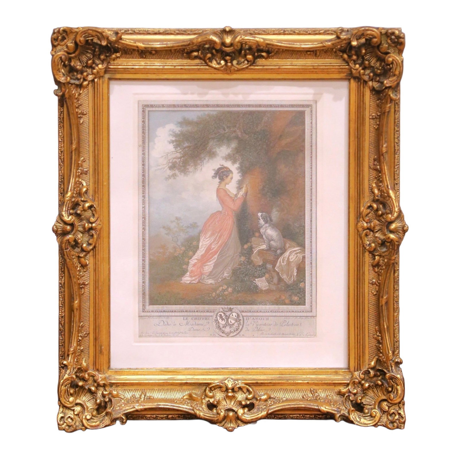 French Louis XV Giltwood Framed Engraving Le Chiffre d'Amour: French Louis XV Giltwood Framed Engraving Le Chiffre d'Amour This late 19th-century French engraving, titled "Le Chiffre d'Amour," features a romantic pastoral scene of a young woman carving initials 