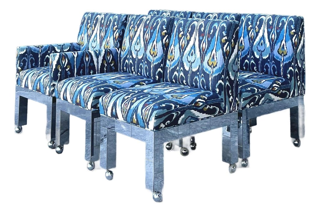 Set of 6 Chrome Parsons Dining Chairs in Cityscape Style Upholstery: Set of 6 Chrome Parsons Dining Chairs in Cityscape Style Upholstery This set of six vintage dining chairs from the 1970s features the iconic Paul Evans "Cityscape" style, showcasing bold geometric Par