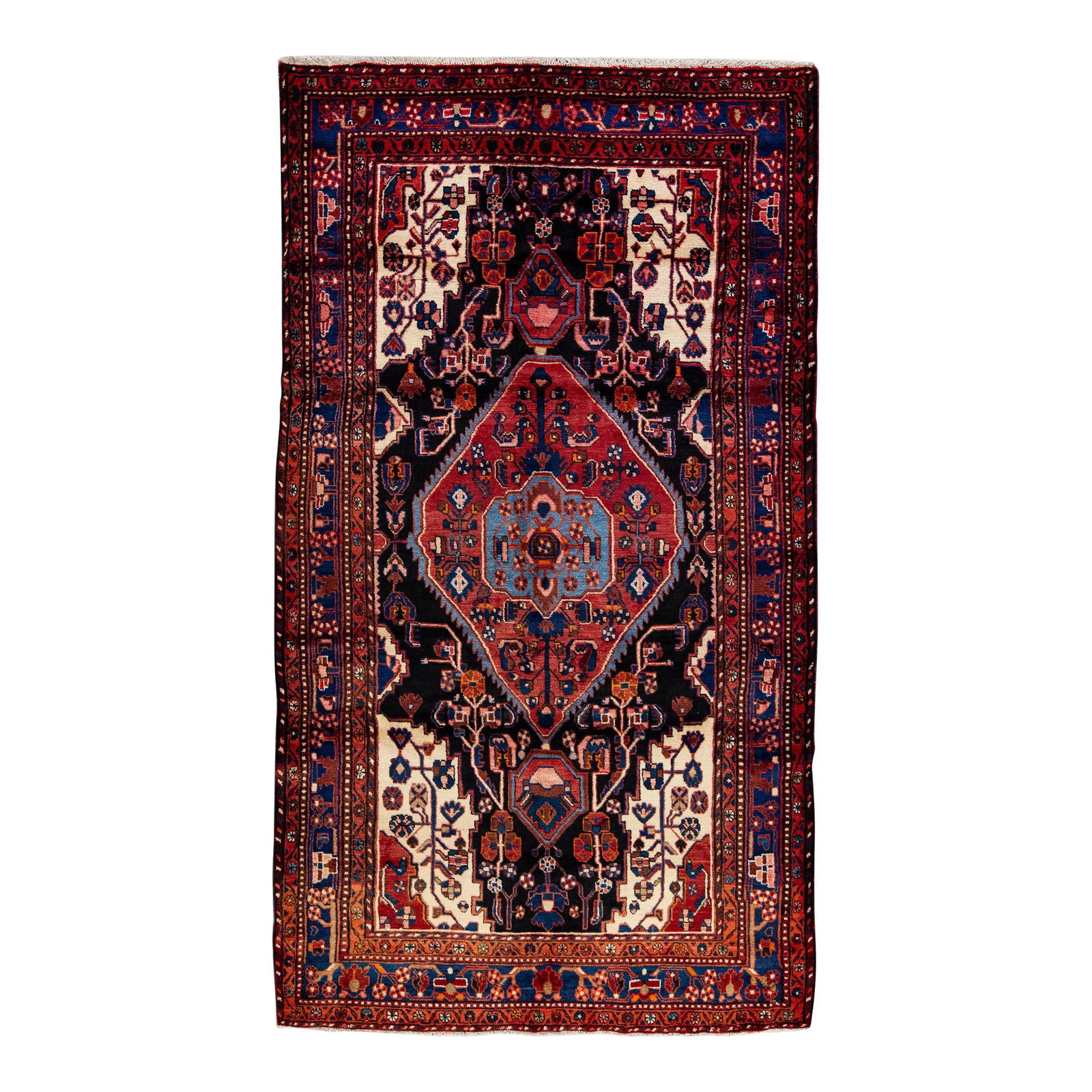 Vintage Persian Wool Rug Navy Blue Medallion 6'3 X 9'4: Vintage Persian Wool Rug Navy Blue Medallion 6'3 X 9'4 Explore this stunning vintage Persian hand-knotted wool rug, featuring a rich navy blue field adorned with multicolored accents in an intricate a