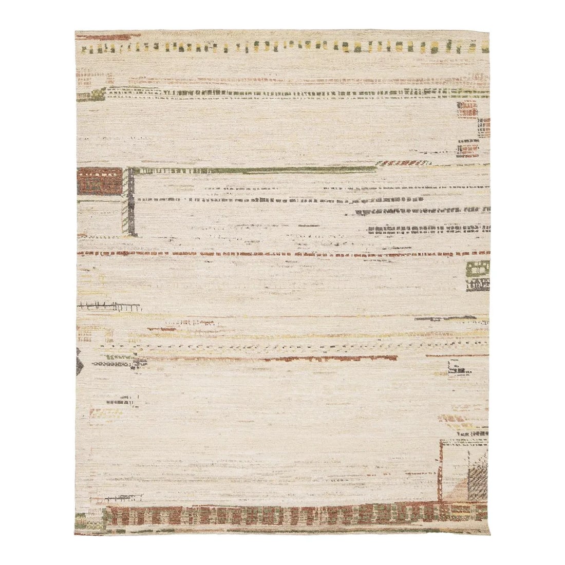 7'9" x 9'9" Hand Knotted Wool Area Rug Moroccan Style Abstract Design: 7'9" x 9'9" Hand Knotted Wool Area Rug Moroccan Style Abstract Design Hand-knotted Modern Moroccan-style area rug made from natural wool, inspired by traditional Beni Ourain and Gabbeh designs. It fea