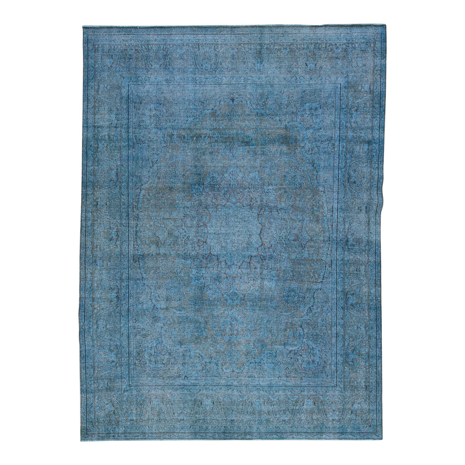 Vintage Persian Overdyed Blue Wool Rug 9'4 x 12'10 Medallion Design: Vintage Persian Overdyed Blue Wool Rug 9'4 x 12'10 Medallion Design This stunning Vintage Persian Overdyed rug features a hand-knotted wool construction with a captivating blue field. Adorned with bla