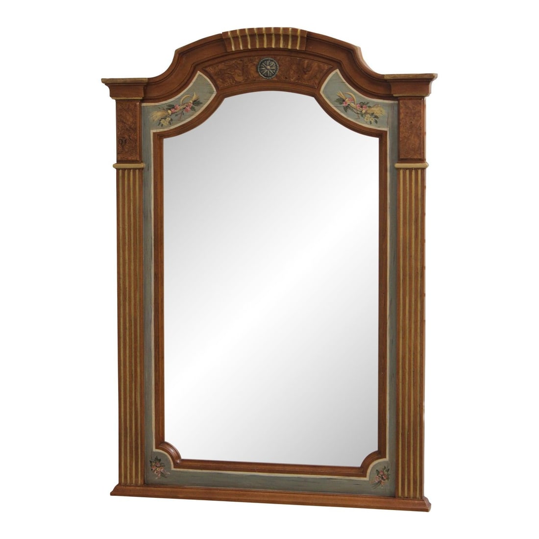 Neoclassical Arch Top Wall Mirror With Beveled Glass And Carved Details: Neoclassical Arch Top Wall Mirror With Beveled Glass And Carved Details This Drexel Heritage neoclassical trumeau wall mirror features a beveled glass panel with finely carved details and hand-painted