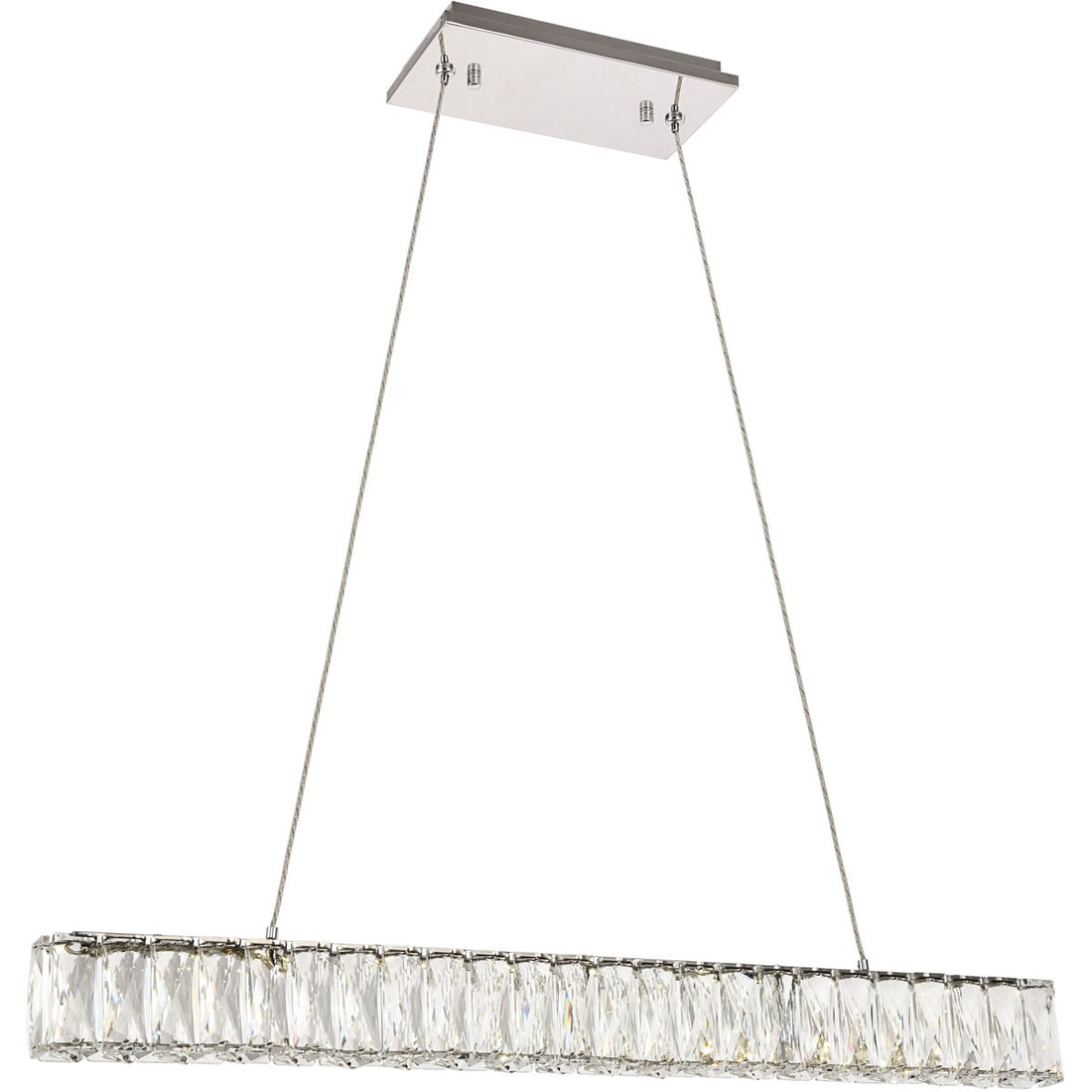Monroe Chrome Crystal LED Pendant Light 31 in: Monroe Chrome Crystal LED Pendant Light 31 in This modern crystal chandelier features a polished chrome finish and a sleek rectangular design, making it an elegant addition to kitchen islands, dining 