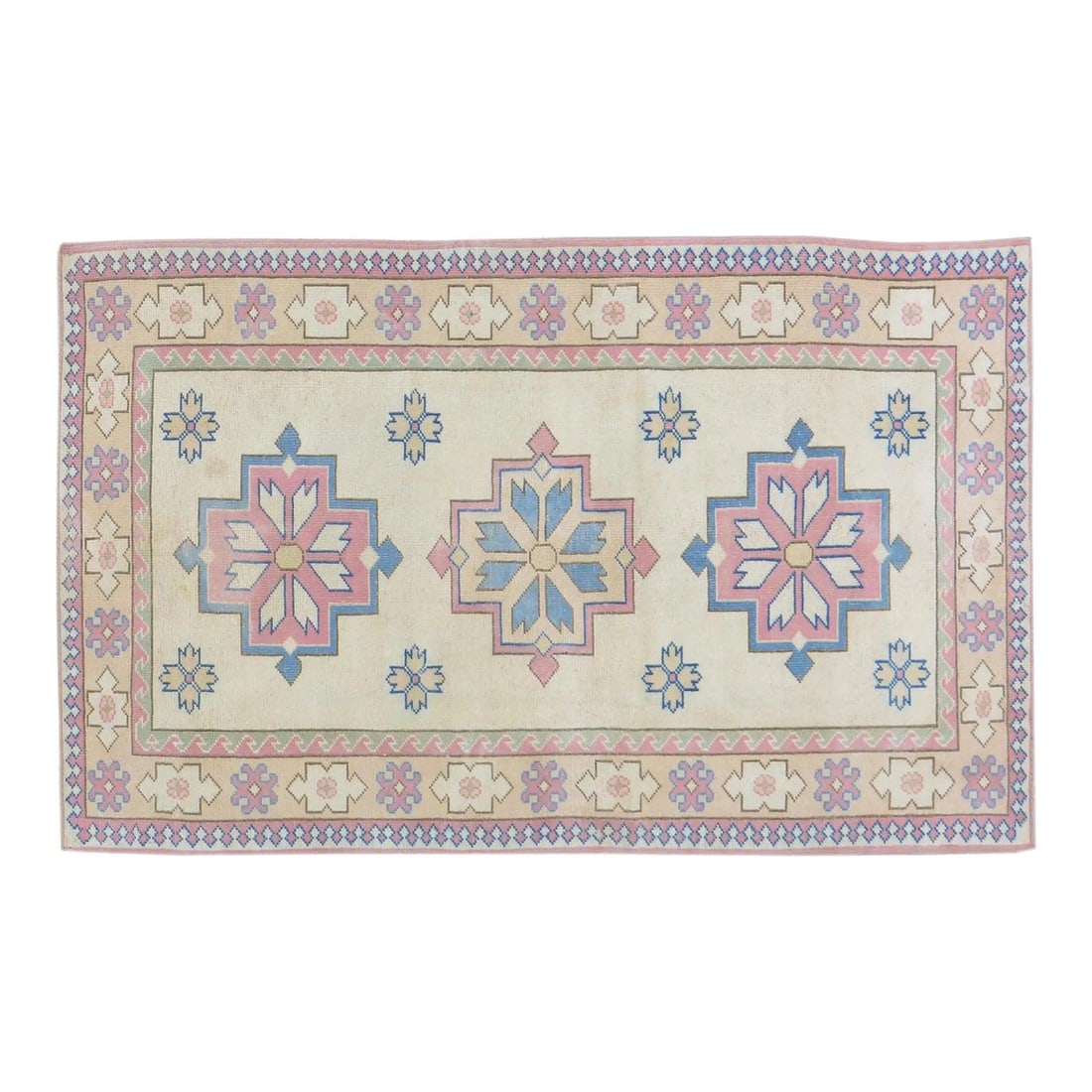 Anatolian Oushak Wool Rug 4'1" x 6'7" Hand Knotted Vintage Turkish Carpet: Anatolian Oushak Wool Rug 4'1" x 6'7" Hand Knotted Vintage Turkish Carpet This vintage Turkish Anatolian Oushak rug from the 1960s features a hand-knotted construction, natural colors, a soft texture,
