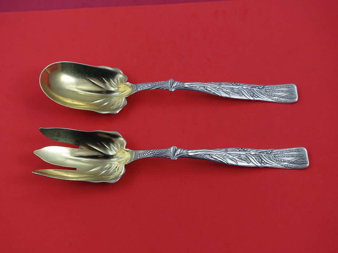Tiffany Vine Sterling Silver 2 Piece Salad Servers Wheat Motif 10 1 4 Inch: Tiffany Vine Sterling Silver 2 Piece Salad Servers Wheat Motif 10 1 4 Inch This is a rare Tiffany & Co. Vine pattern sterling silver salad serving set from the late 19th century. The two-piece set fea