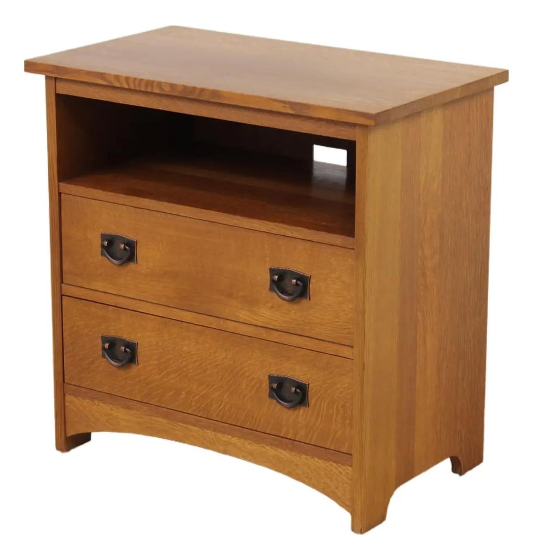 Stickley oak media console with 2 drawers and hammered copper pulls (1 of 10)