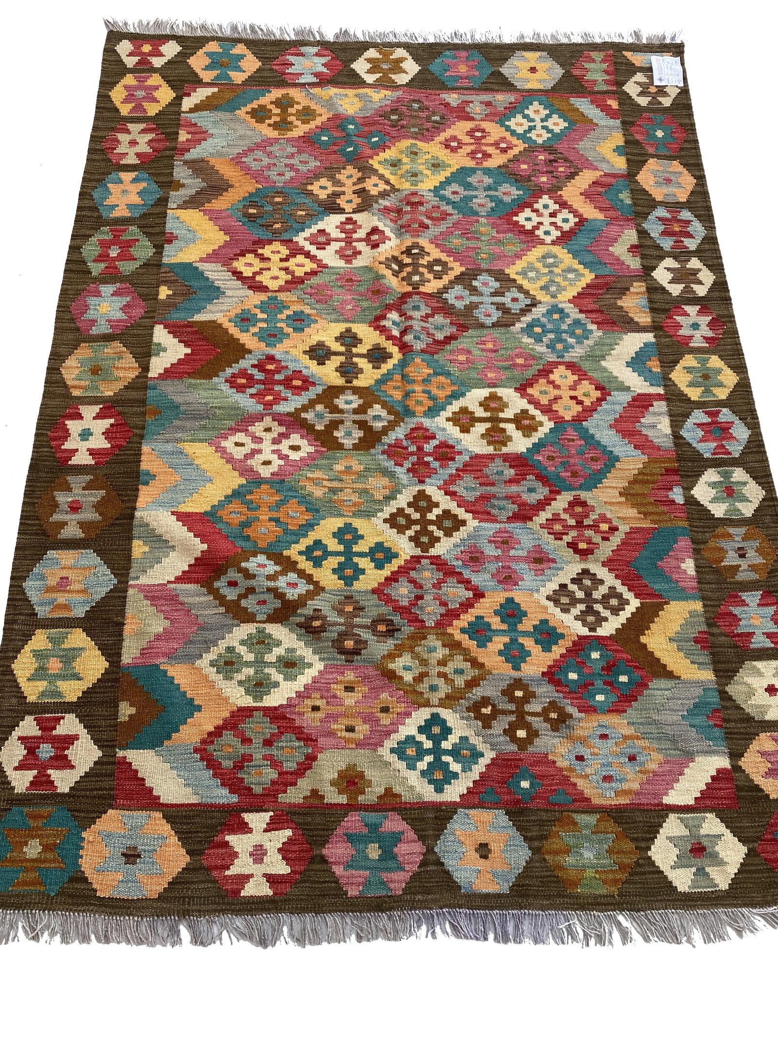 5' x 8' Handmade Multi-Color Geometric Kilim Rug from Afghanistan: 5' x 8' Handmade Multi-Color Geometric Kilim Rug from Afghanistan Free continental US Shipping Elevate your decor with the 5' x 8' Multi-Color Light Brown Kilim Rug, a sophisticated piece that beautif