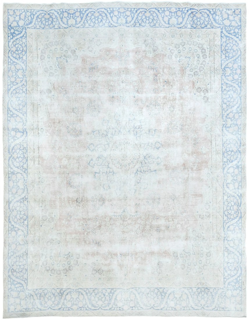 Vintage Handmade Floral Oriental Rug 9'3 x 12'0 Wool Cream Multi-Color: Vintage Handmade Floral Oriental Rug 9'3 x 12'0 Wool Cream Multi-Color Transform your space with this exquisite handmade vintage rug, featuring a stunning muted floral design. Measuring 9'3" x 12'0", 