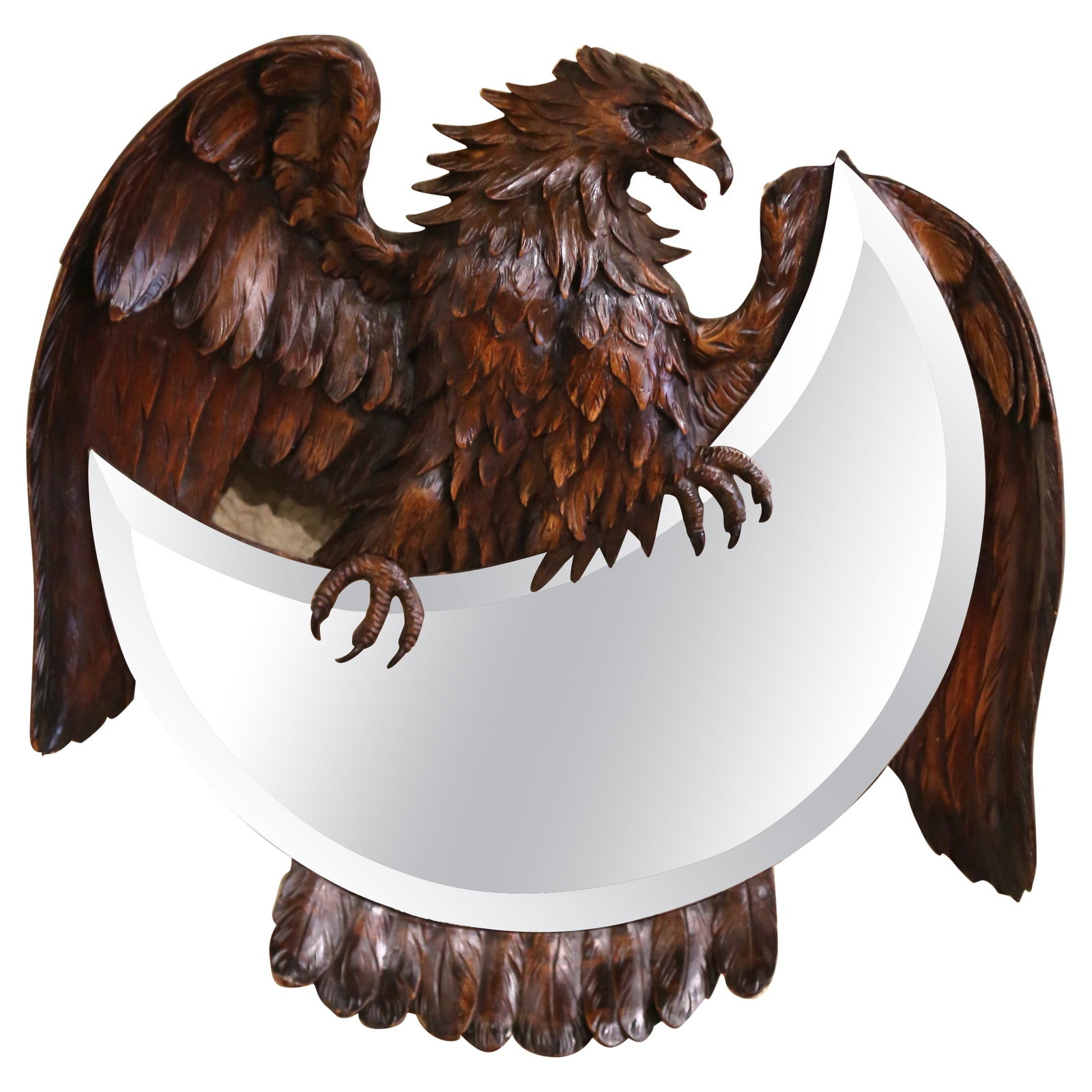 19th Century French Black Forest Eagle Wall Mirror with Beveled Glass: 19th Century French Black Forest Eagle Wall Mirror with Beveled Glass Discover this stunning 19th Century French Black Forest carved eagle sculpture wall mirror, a remarkable piece of craftsmanship fr