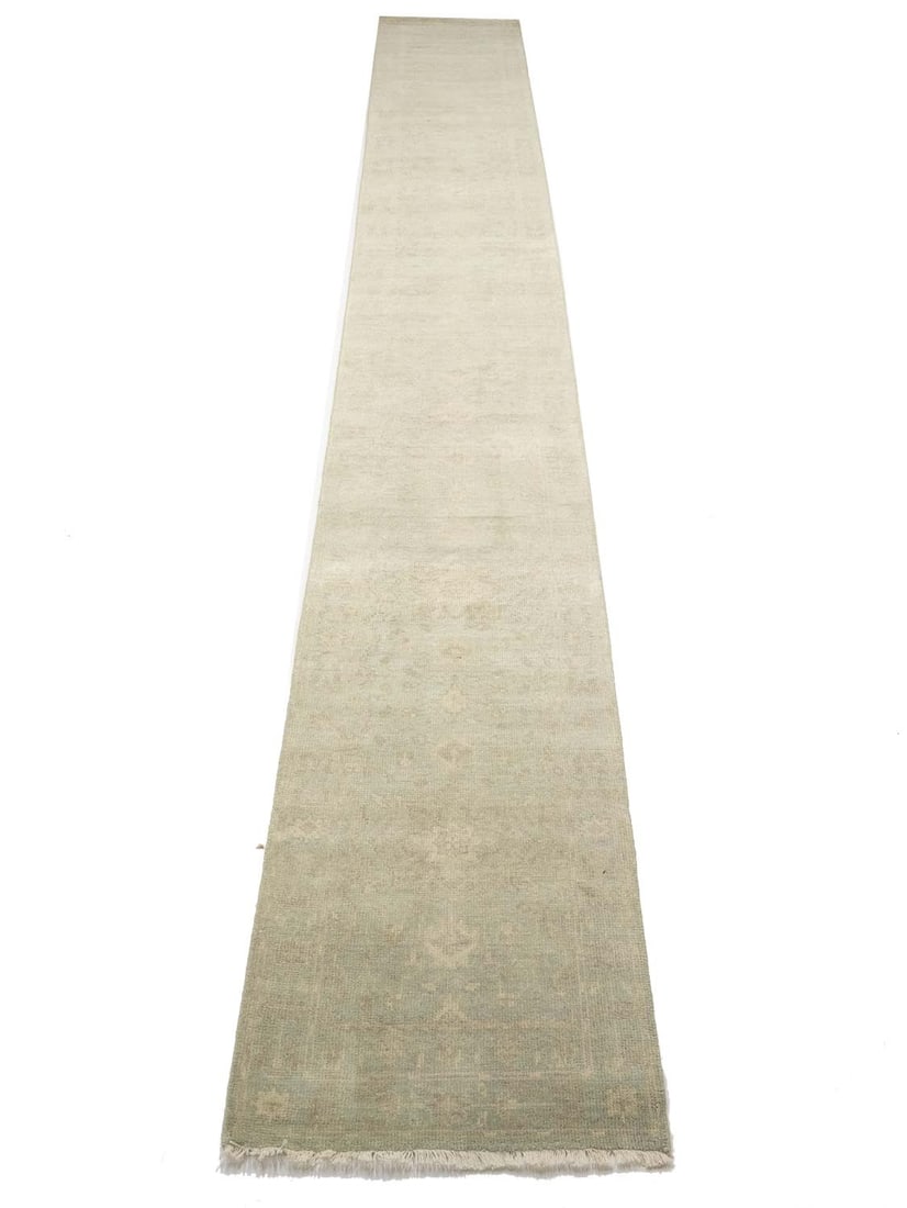 Hand-Knotted Wool Floral Runner Rug 2'7 x 20' Muted Aqua Green: Hand-Knotted Wool Floral Runner Rug 2'7 x 20' Muted Aqua Green This handmade runner rug features a muted aqua green and floral pattern, crafted from wool using a hand-knotted technique. Its transition