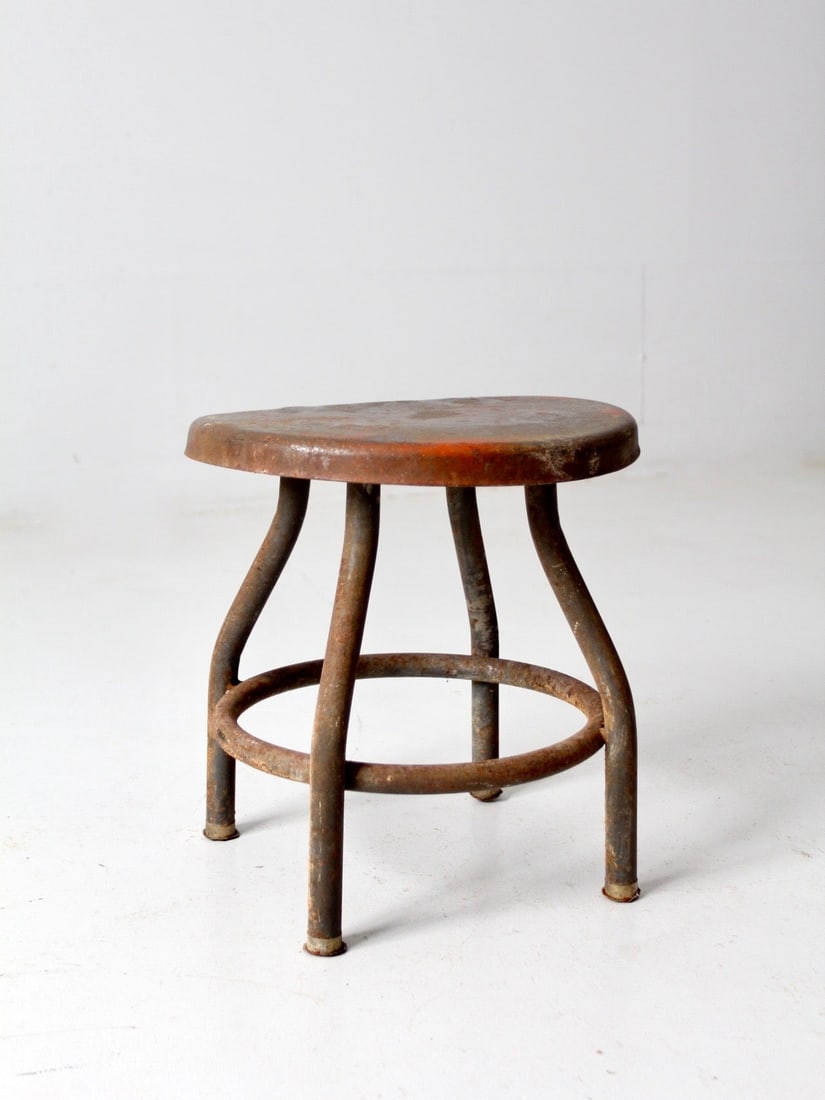 Midcentury Industrial Steel Stool With Tubular Legs and Stretcher Ring (1 of 17)